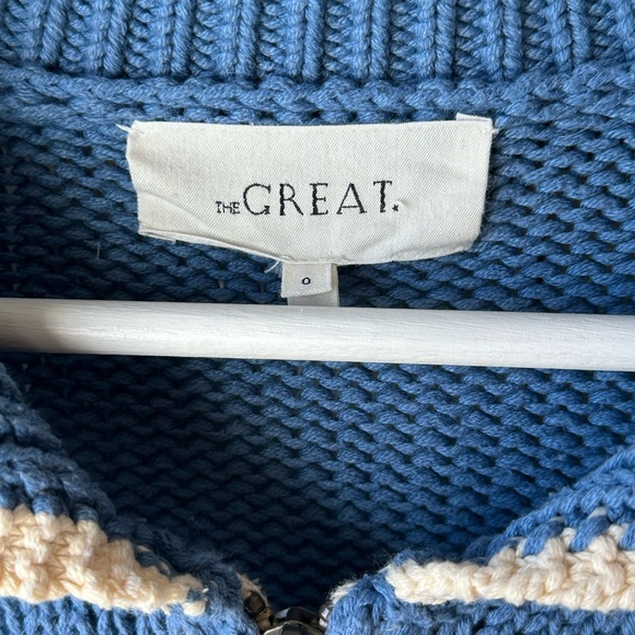 THE GREAT. The Ranch Cardigan in Cream with Denim / Blue Jean - Picture 7 of 8